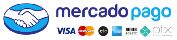 Formas de pagamento: Mercado Pago, Visa, Mastercard, Elo, American Express, Boleto e Pix